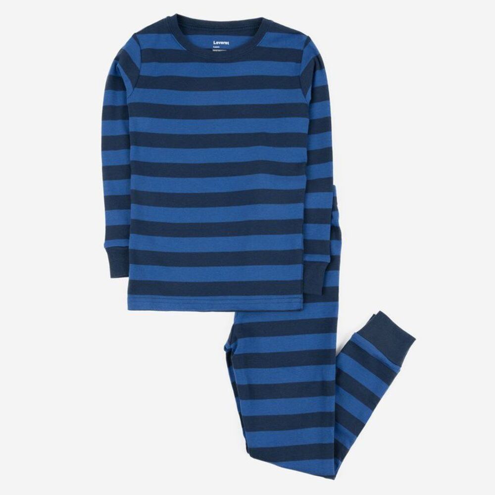 Leveret Two Piece Cotton Pajamas Striped Blue and Navy 12
